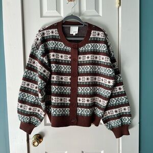 Cozy Brown and Green Patterned Sweater Cardigan L